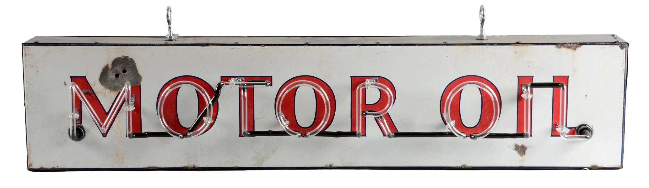 MOTOR OIL PORCELAIN SIGN WITH ADDED NEON.