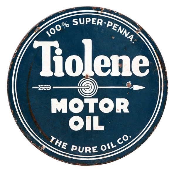 PURE TIOLENE MOTOR OIL PORCELAIN CURB SIGN.