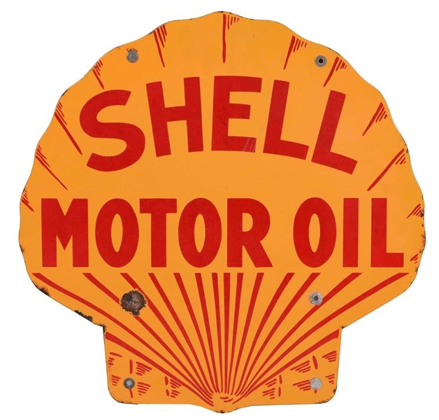 SHELL MOTOR OIL DIECUT PORCELAIN CURB SIGN.