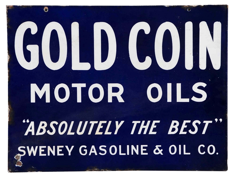 SWENEY GOLD COIN MOTOR OILS PORCELAIN SIGN.