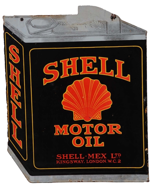 SHELL MOTOR OIL DIE CUT PORCELAIN SIGN WITH CAN GRAPHIC.
