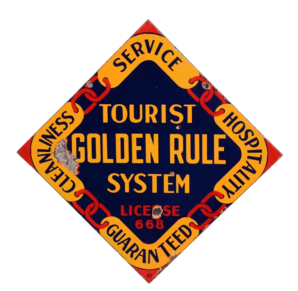 TOURIST GOLDEN RULE SYSTEM DIAMOND SHAPED PORCELAIN SIGN.