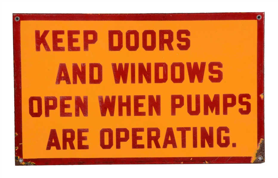 SHELL GASOLINE KEEP DOORS & WINDOWS OPEN WHEN PUMPS ARE OPERATING PORCELAIN SIGN.