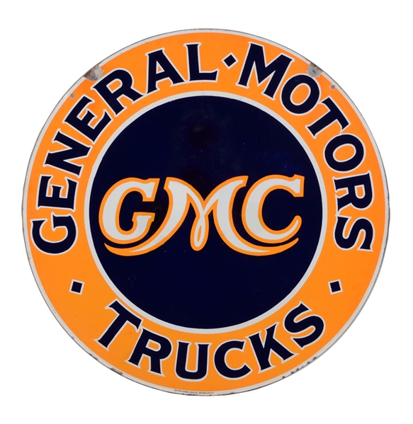 GMC GENERAL MOTORS & TRUCKS PORCELAIN SIGN.