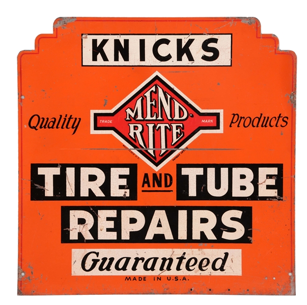 KNICKS MEND RITE TIRE & TUBE PRODUCTS DIECUT TIN SIGN.