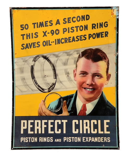 PERFECT CIRCLE PISTON RINGS TIN SIGN WITH GRAPHIC.
