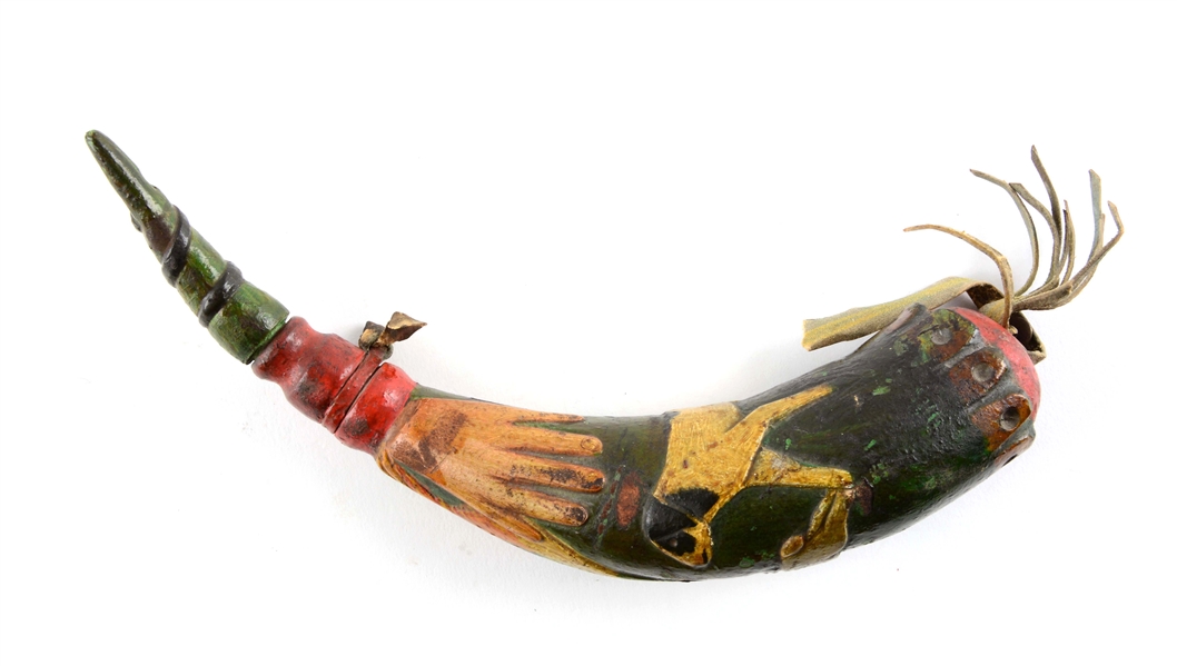 UNIQUE PAINTED AND RELIEF CARVED AMERICAN FOLK ART POWDER HORN.