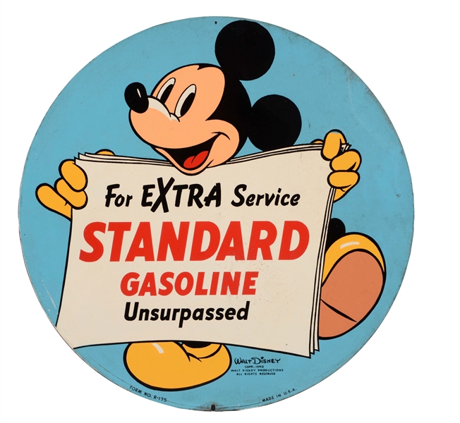 STANDARD GASOLINE TIN SIGN WITH MICKEY MOUSE GRAPHIC.