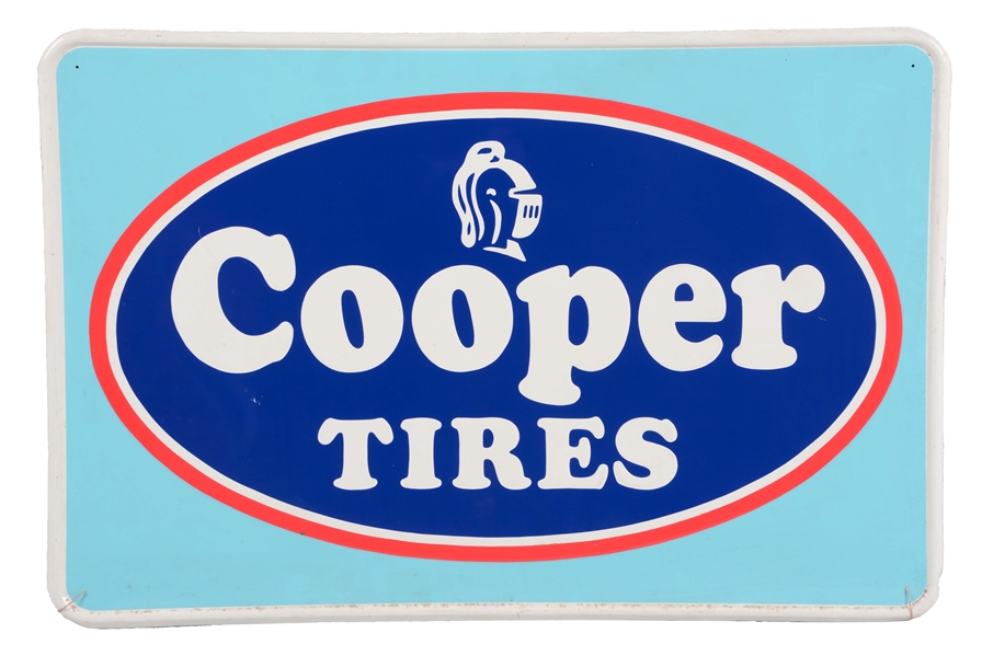 COOPER TIRES EMBOSSED TIN SIGN WITH KNIGHT GRAPHICS.