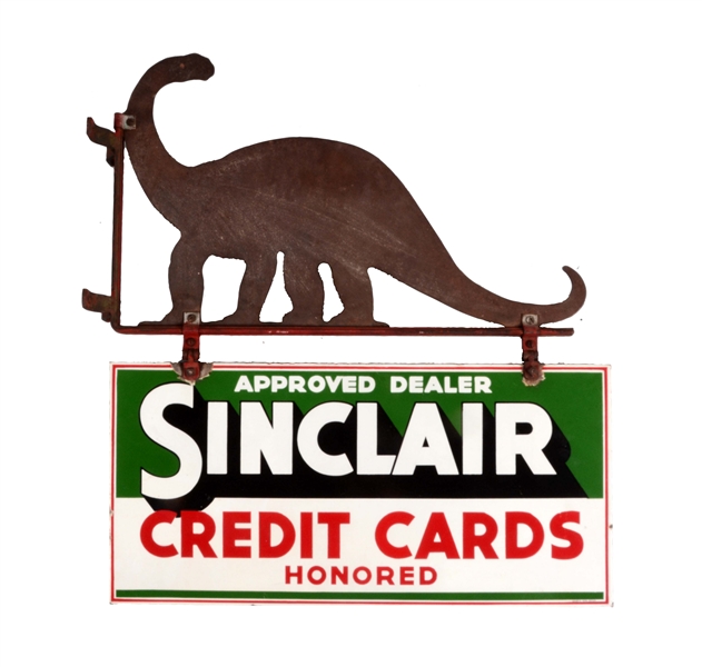 SINCLAIR CREDIT CARDS HONORED PORCELAIN SIGN WITH METAL DINO TOPPER ON ORIGINAL BRACKET.