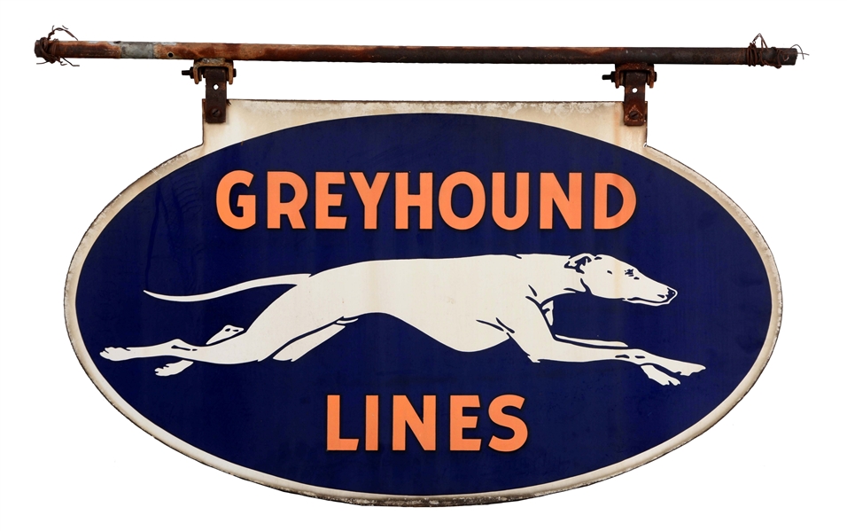 GREYHOUND LINES PORCELAIN SIGN WITH DOG GRAPHIC & ORIGINAL BRACKET.