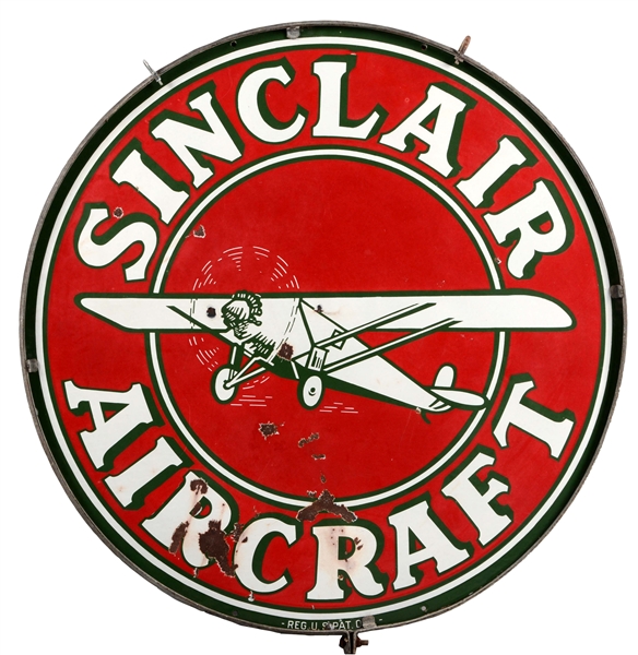 SINCLAIR AIRCRAFT PORCELAIN SIGN WITH AIRPLANE GRAPHICS.