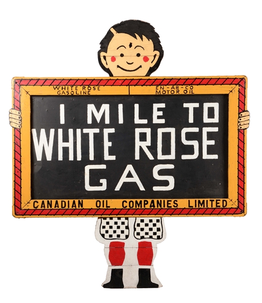 WHITE ROSE GASOLINE WOODEN CHALK BOY CURB SIGN.
