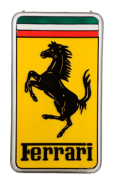 FERRARI EMBOSSED PLASTIC LIGHT UP SIGN WITH METAL CAN.