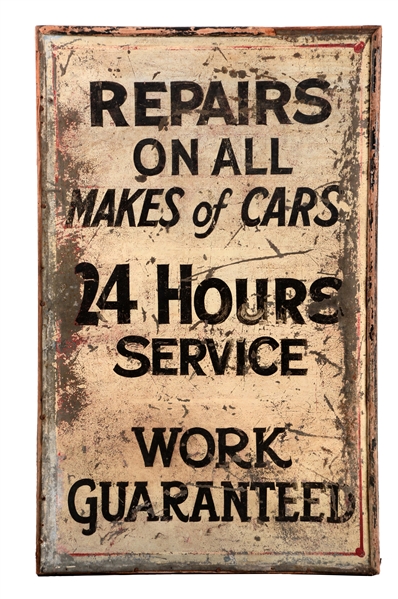 REPAIR & SERVICE WOOD FRAMED TIN SERVICE STATION SIGN.
