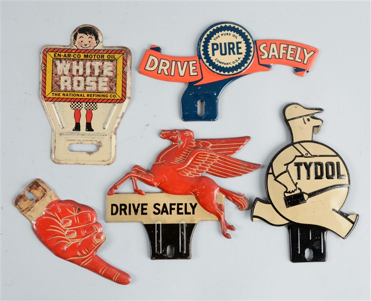 LOT OF 5: EMBOSSED TIN LICENSE PLATE TOPPERS.
