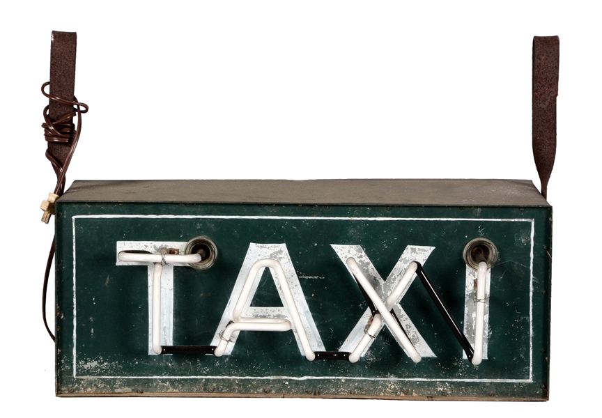 PAINTED TIN TAXI NEON SIGN ON ORIGINAL CAN WITH HANGING HOOKS.