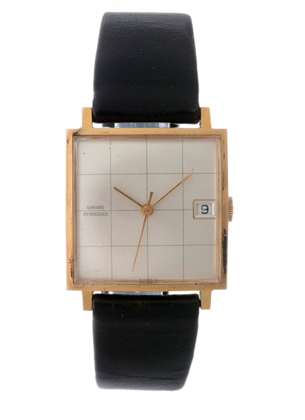 VINTAGE GIRARD PERREGAUX SQUARE GOLD CAPPED DRESS WATCH WITH DATE AND ORIGINAL STRAP & BUCKLE WRISTWATCH.