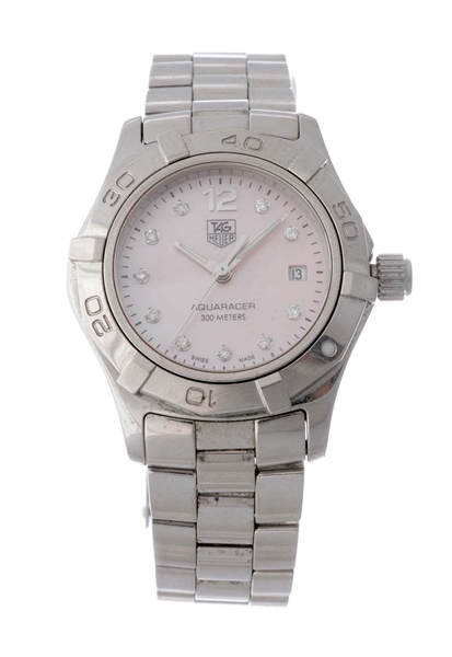 TAG HEUER STAINLESS STEEL AUQUARACER DIAMOND MOTHER OF PEARL WRISTWATCH MODEL NUMBER YG3234.