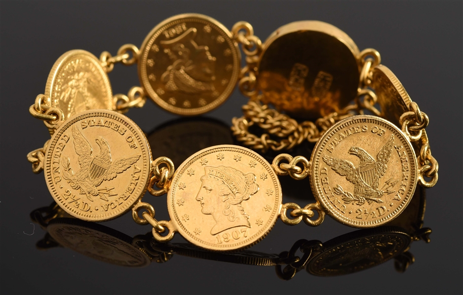 GOLD BRACELET & 6 2-1/2" GOLD LIBERTY AMERICA COINS.