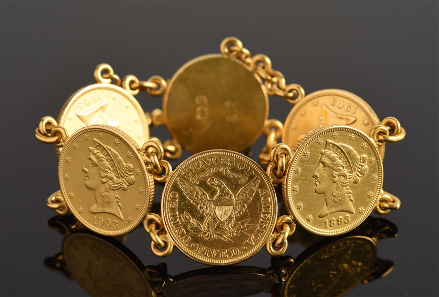 GOLD COIN BRACELET WITH 5 $5 GOLD LIBERTY U.S.A. COINS.