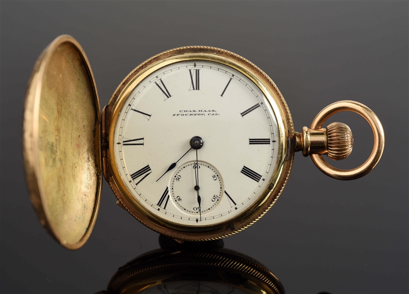 ELGIN FOR CHAS. HAAS STOCKTON CAL. GOLD FILLED H/C POCKET WATCH CIRCA 1874.