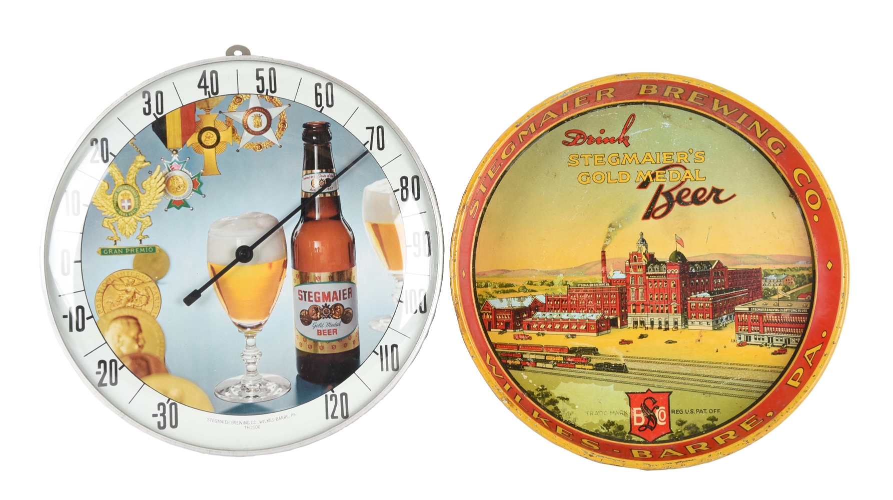 LOT OF 2: STEGMAIER BEER TRAY & THERMOMETER. 