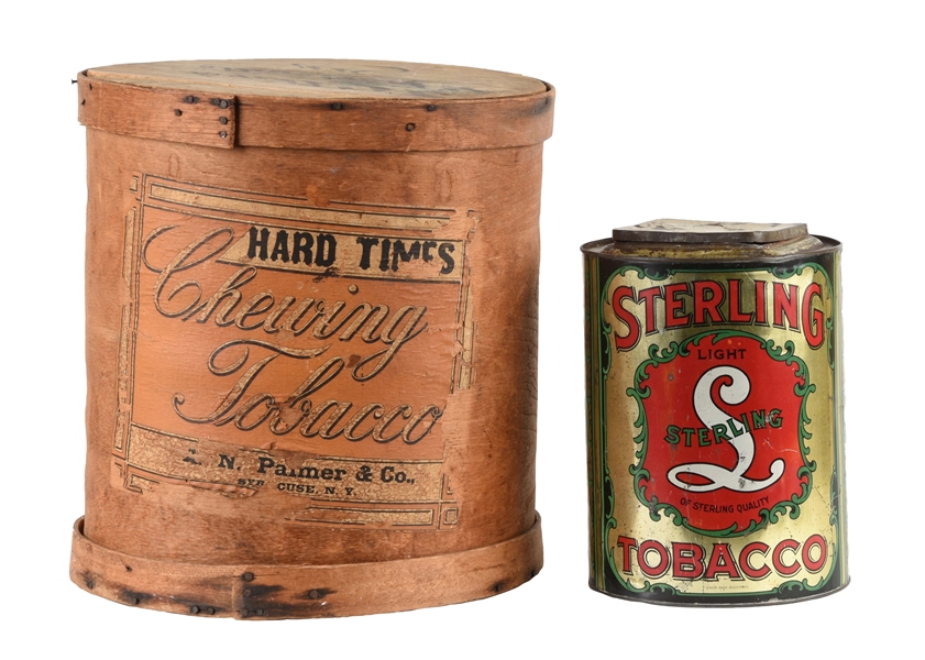 LOT OF 2: EARLY TOBACCO TIN & BARREL. 
