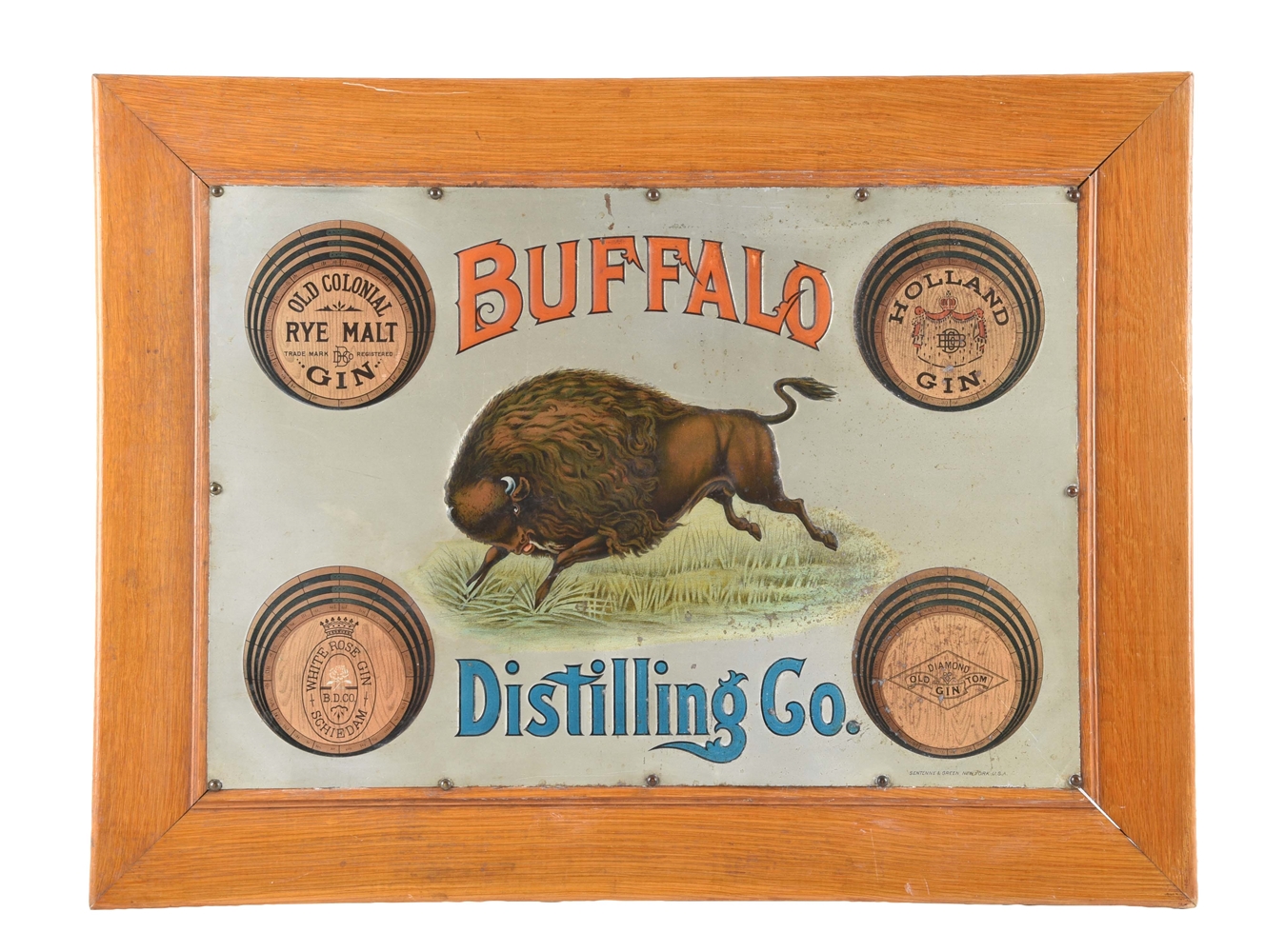 EARLY BUFFALO DISTILLING CO. EMBOSSED TIN SIGN. 