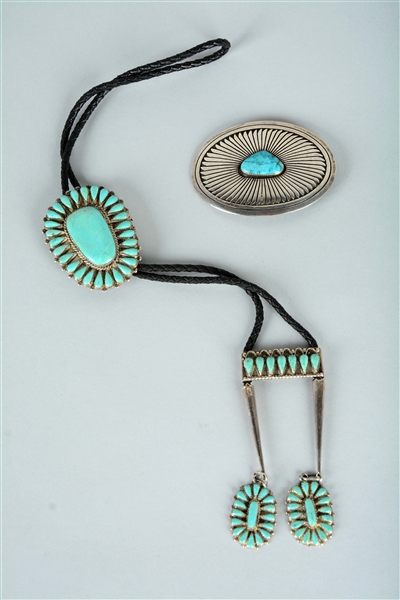 LOT OF 2: STERLING SILVER AND TURQUOISE ACCESSORIES.