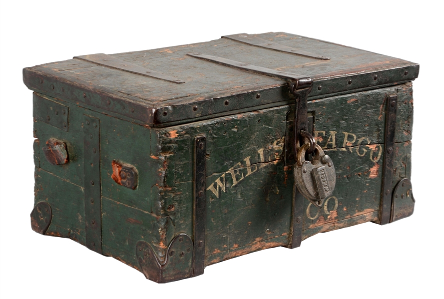 WELLS FARGO & CO. WOODEN STRONG BOX WITH ORIGINAL LOCK. 