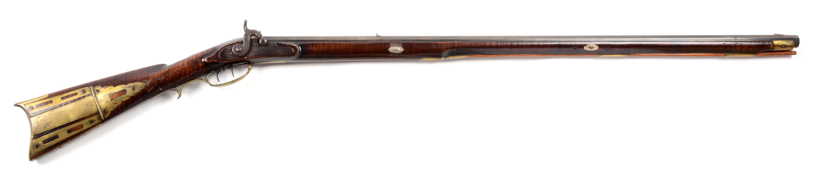 (A) FULLSTOCK FLINTLOCK KENTUCKY RIFLE STAMPED BY GOMPF OF LANCASTER.