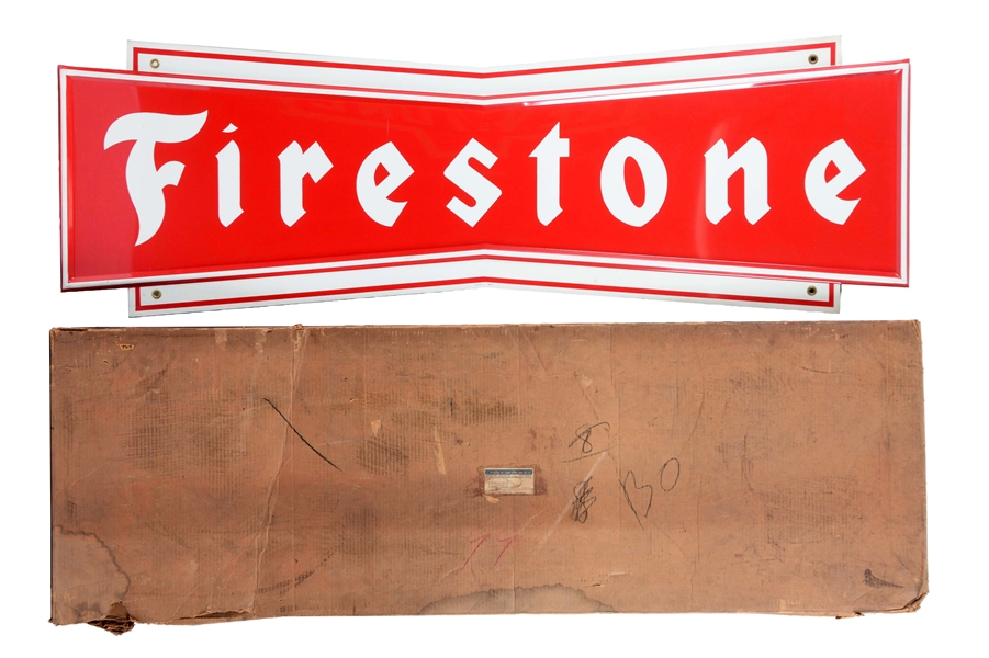 FIRESTONE TIRES EMBOSSED TIN SIGN WITH ORIGINAL SHIPPING BOX. 