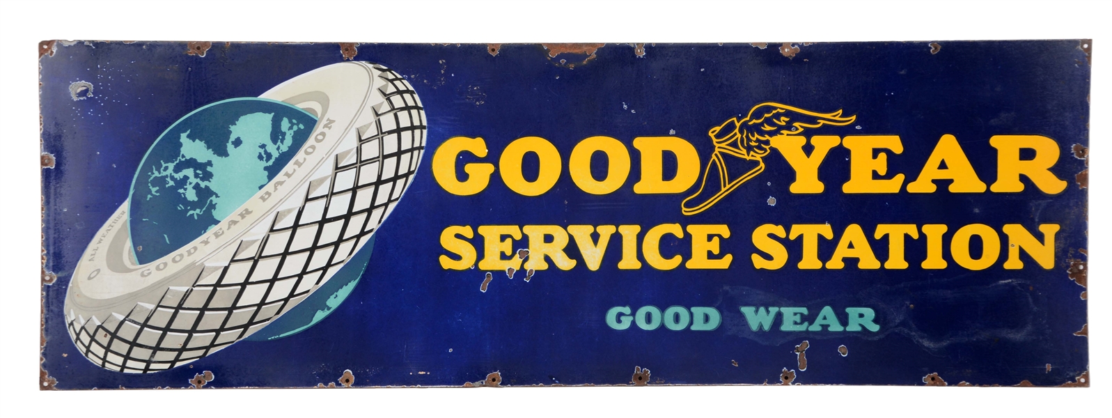 GOODYEAR TIRES SERVICE STATION PORCELAIN SIGN WITH TIRE & GLOBE GRAPHIC.