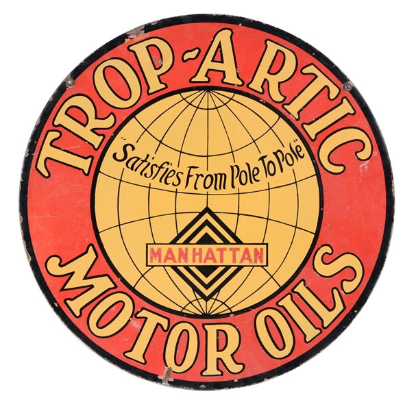 MANHATTAN OIL CO. TROP ARCTIC MOTOR OILS PORCELAIN SIGN.