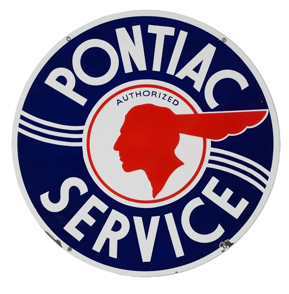PONTIAC AUTHORIZED SERVICE PORCELAIN SIGN WITH FULL FEATHERED INDIAN.