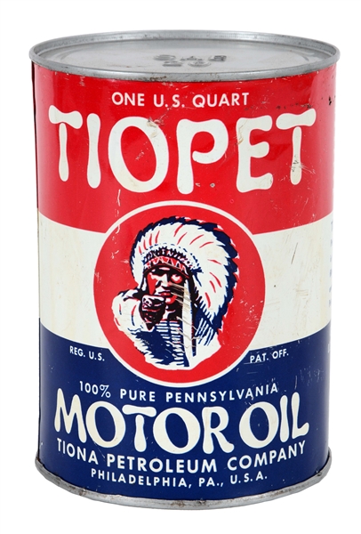 TIOPET MOTOR OIL ONE QUART CAN WITH INDIAN GRAPHIC.