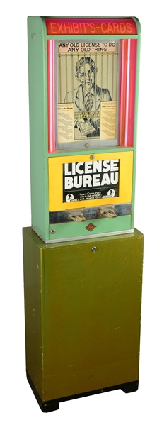 2¢ EXHIBIT SUPPLY CO. - CARDS LICENSE BUREAU ARCADE MACHINE WITH STAND.