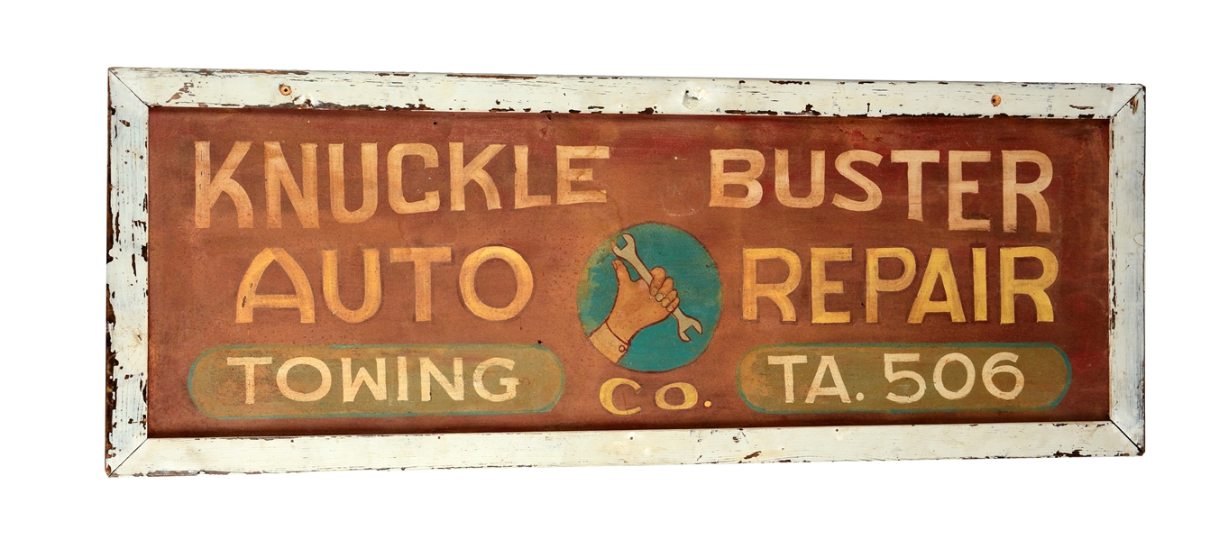 TIN "KNUCKLE BUSTER AUTO REPAIR CO." SIGN.