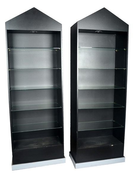 LOT OF 2: PAIR OF LARGE BLACK LIGHTED DISPLAY CABINETS.
