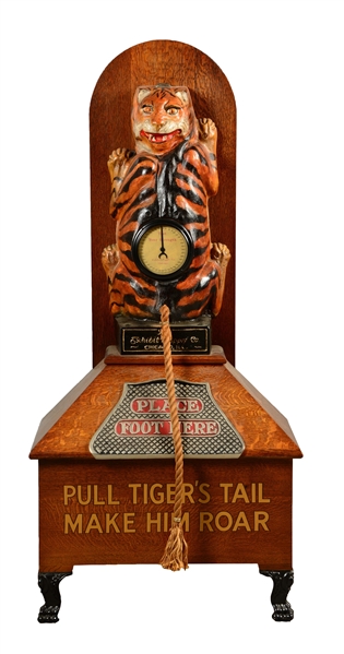 REPRODUCTION 1¢ EXHIBIT SUPPLY CO. PULL TIGERS TAIL STRENGTH TESTER ARCADE MACHINE.