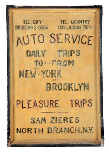 HAND PAINTED TIN AUTO TOURING SERVICE SIGN FOR BROOKLYN & NEW YORK.