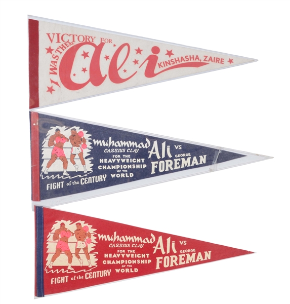 LOT OF 3: MUHAMMAD ALI VS GEORGE FOREMAN RUMBLE IN THE JUNGLE PENNANTS WITH RARE ONSIGHT.