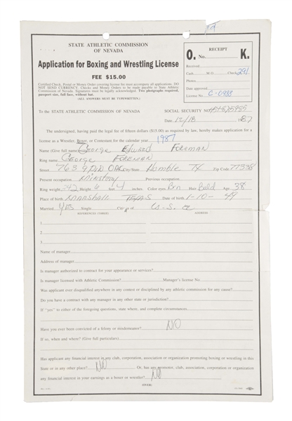 1987 GEORGE FOREMAN SIGNED NEVADA BOXING APPLICATION.