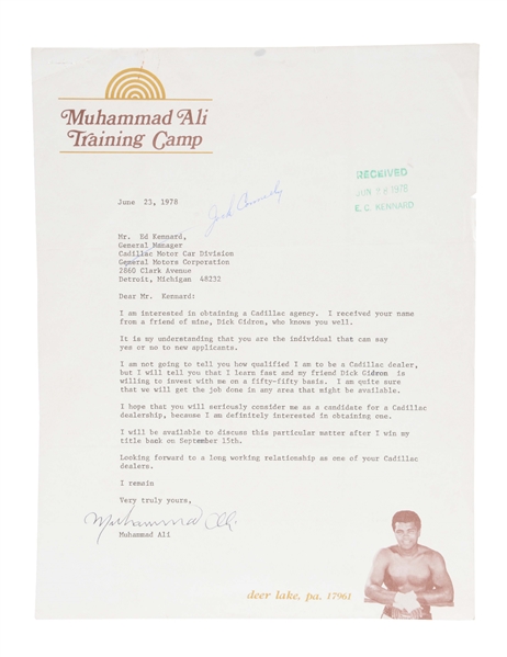 MUHAMMAD ALI APPLIES TO BE CADILLAC DEALER SIGNED LETTER & RESPONSE.