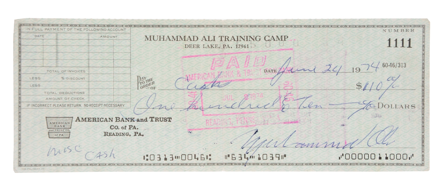 1974 MUHAMMAD ALI DUAL SIGNED RUMBLE IN THE JUNGLE TRAINING CAMP CHECK.