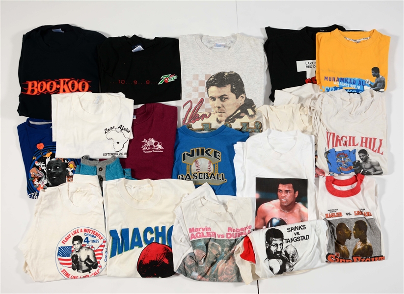 LOT OF VINTAGE AND CONTEMPORARY BOXING SHIRTS AND PANTS.