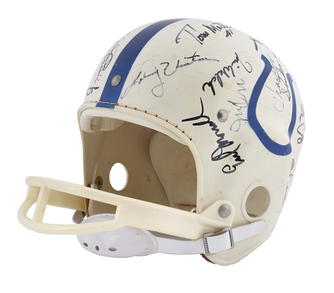 COLTS FOOTBALL HELMET SIGNED BY 28 PLAYERS INCLUDING UNITAS. 