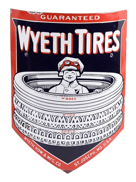 WYETH TIRES CURVED PORCELAIN SIGN W/ BOY IN THE TIRES GRAPHIC. 