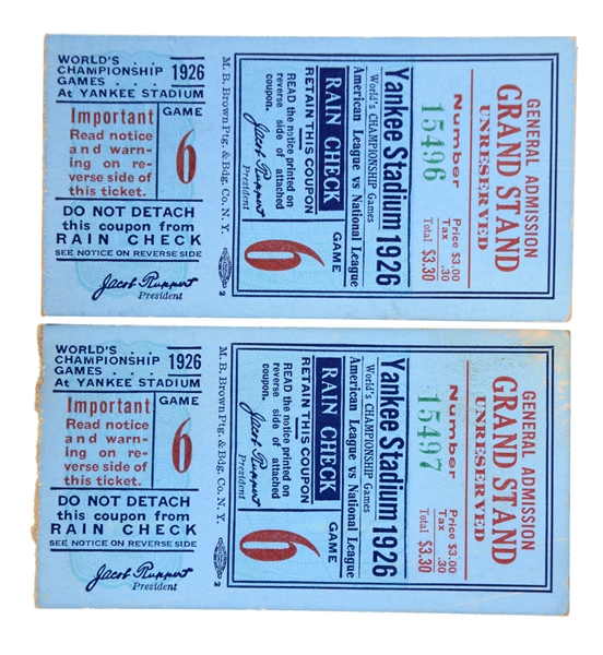LOT OF 2: 1926 NEW YANKEES WORLD SERIES TICKET STUBS.
